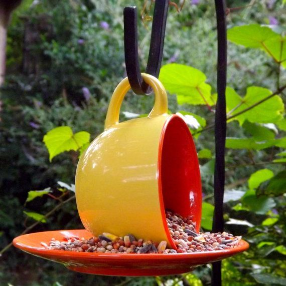 Items similar to Hanging Teacup Birdfeeder--Recycled Garden Coffee Cup-Summer Citrus on Etsy -   24 recycled garden art
 ideas