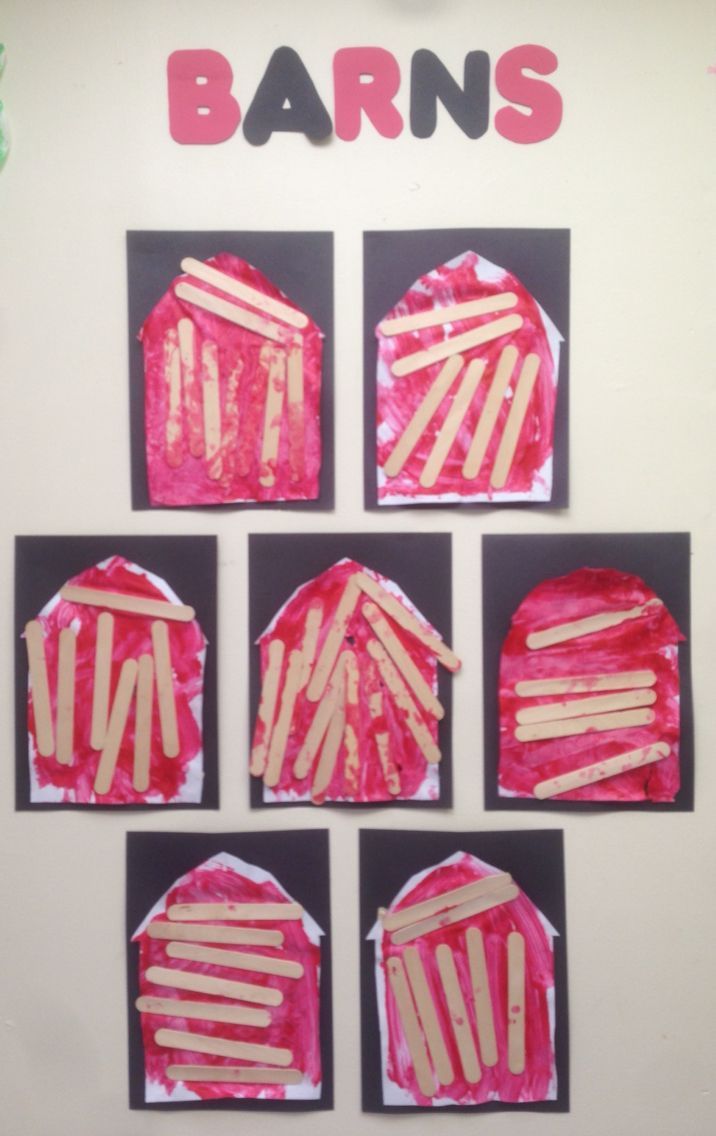 Free expression barns on the farm. Toddler children painted with red paint and glued on an assortment of Popsicle sticks. -   25 farm animal crafts
 ideas