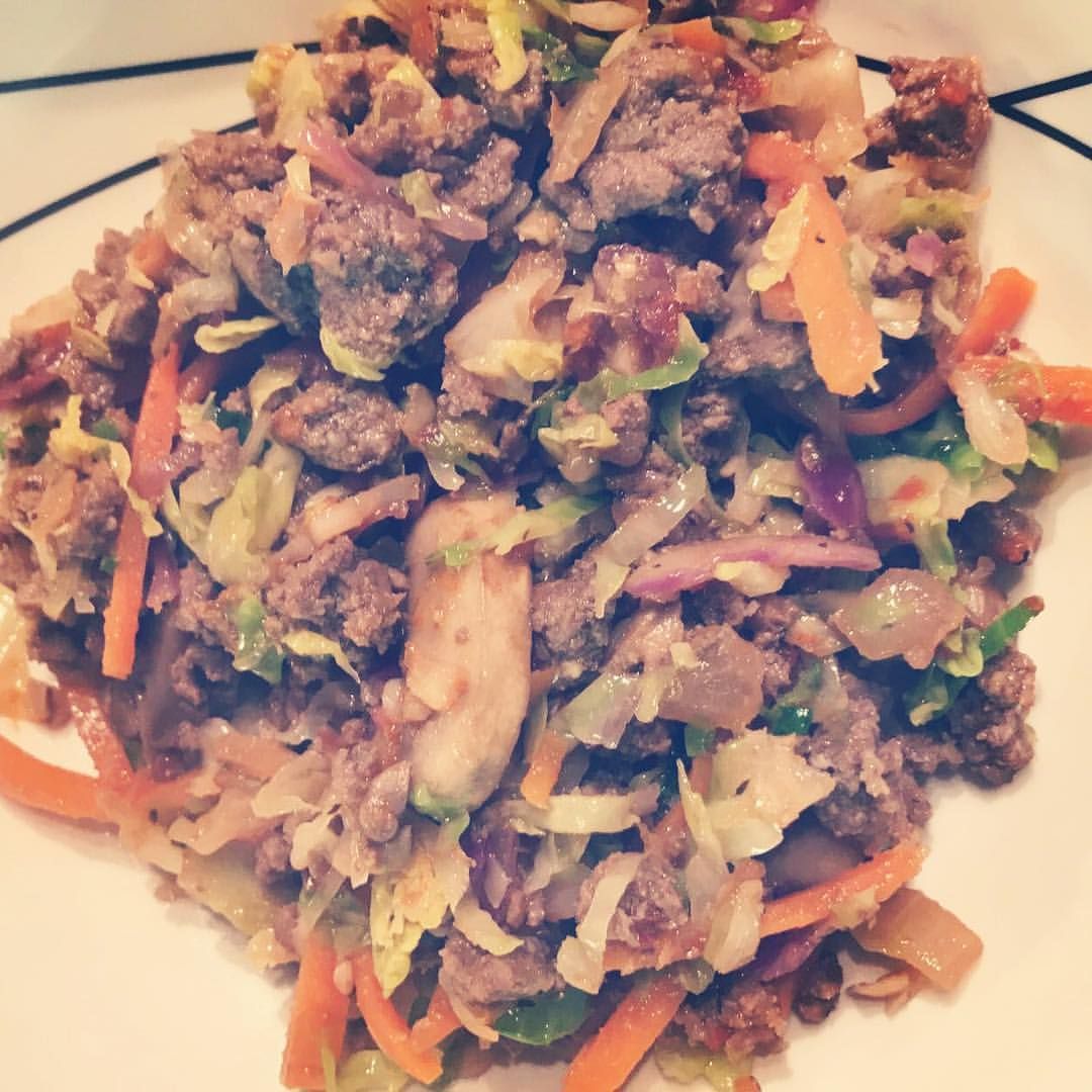 OBSESSED with this low-carb recipe: crack slaw. . Ingredients: Ground beef, bag of cole slaw mix, bag of shaved Brussel sprouts, 1/2 c chopped onion, 1/2 c mushrooms, 3 T sesame seed oil, sriracha, and soy sauce. . It's simple! Brown the beef, saut? the veggies in the oil, mix together and top with soy sauce and sriracha to your liking! Who said diets had to be flavorless? -   25 shaved beef recipes
 ideas