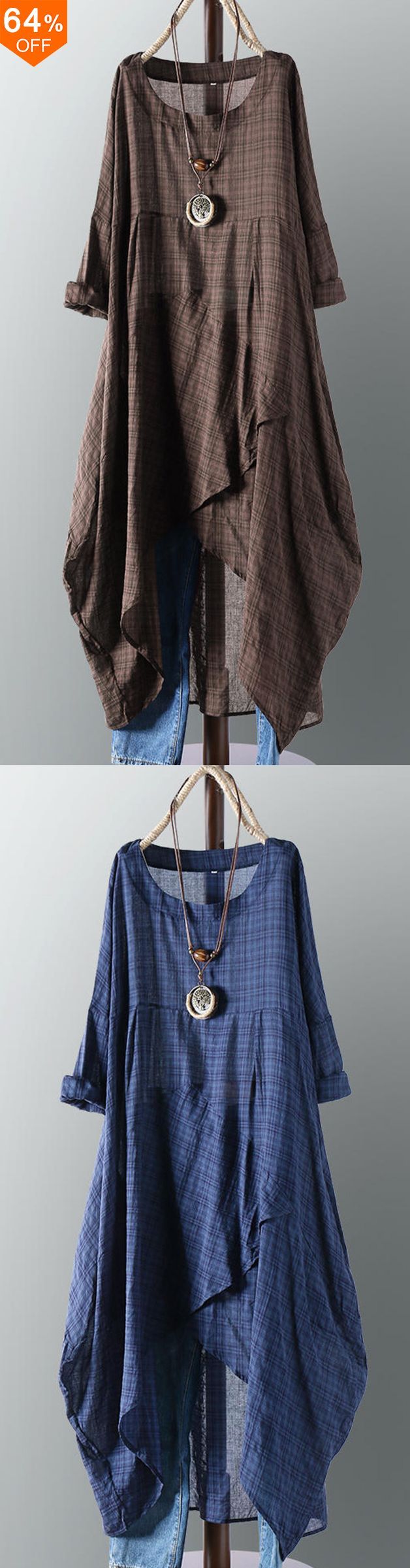 ?Get it?Vintage Women Cotton Pocket Plaid Solid Color Irregular Hem Maxi Dress -   14 simple classroom decor
 ideas