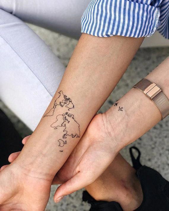 World map Temporary Tattoo / Airplane flash tattoo / Wrist tattoo for travelers / Wind rose Compass / Wanderlust / Couple Tattoo set -   17 couple tattoo minimalist
 ideas