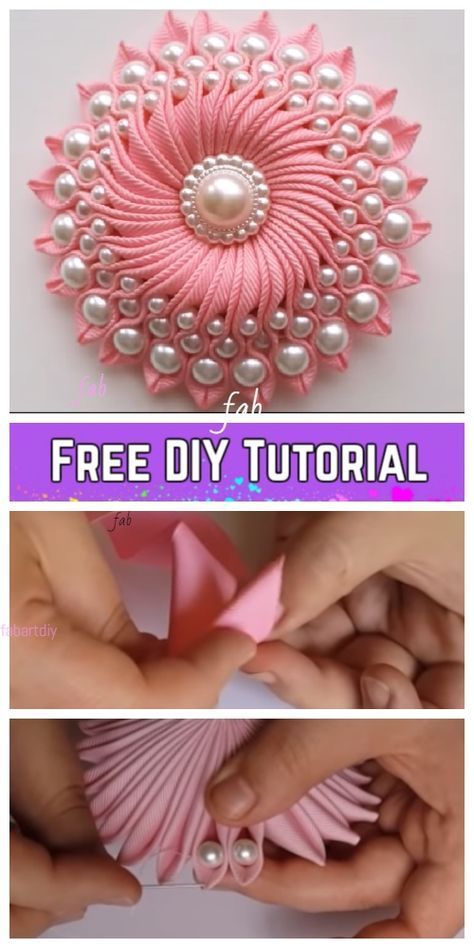 Kanzashi DIY Ribbon Flower with Beads Tutorial - Video -   18 ribbon flower crafts
 ideas
