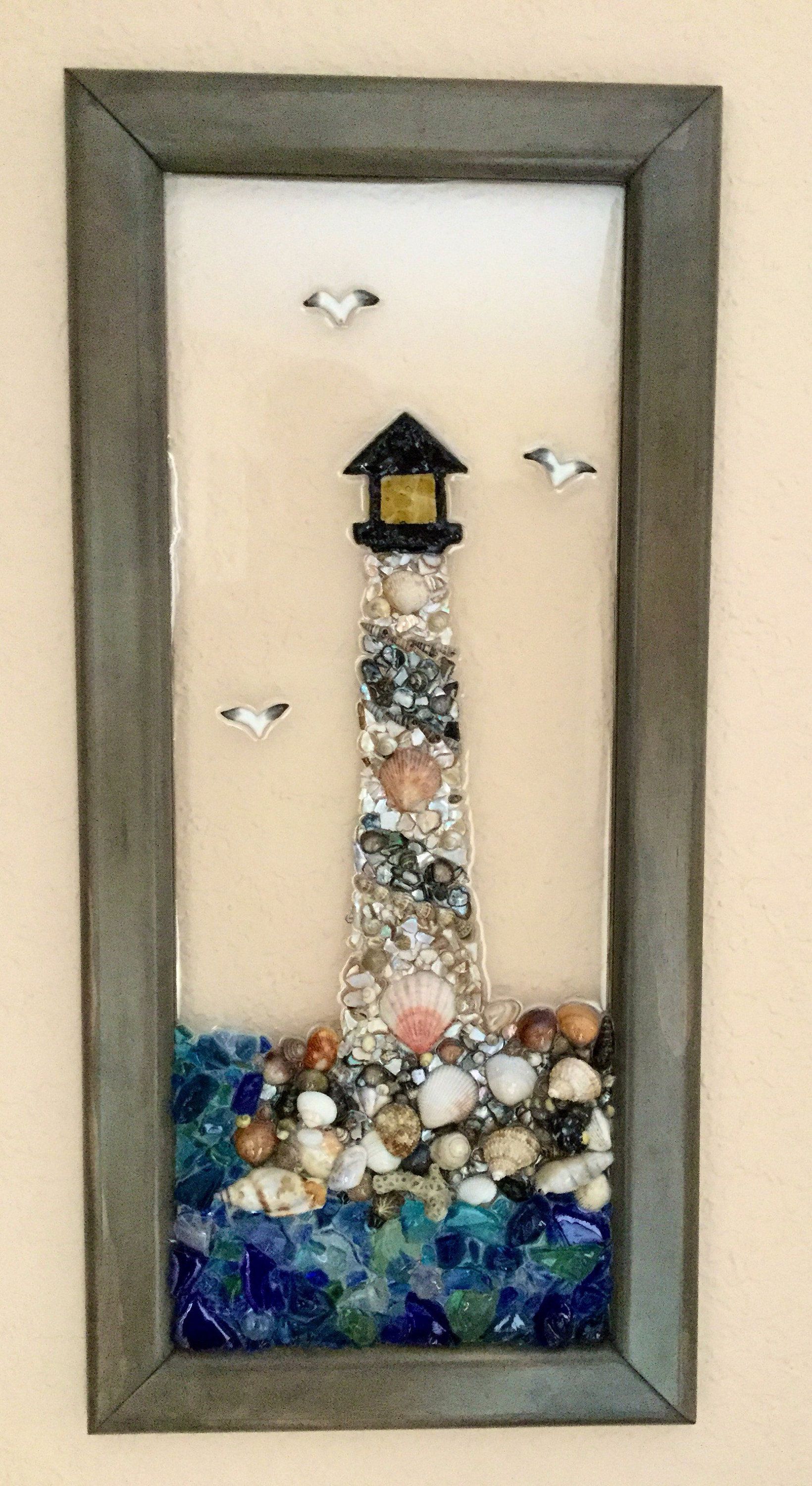 Lighthouse Framed Art, Sea shell Art, Framed Glass Art, Sea Glass Art, Lighthouse Cape Cod -   21 shell crafts seashell art
 ideas