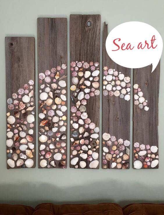 Barnwood Sea shell art, beautiful addition to any home, each unique in its own way, appox 40 in by 36 huge free ship #artprojects -   21 shell crafts seashell art
 ideas