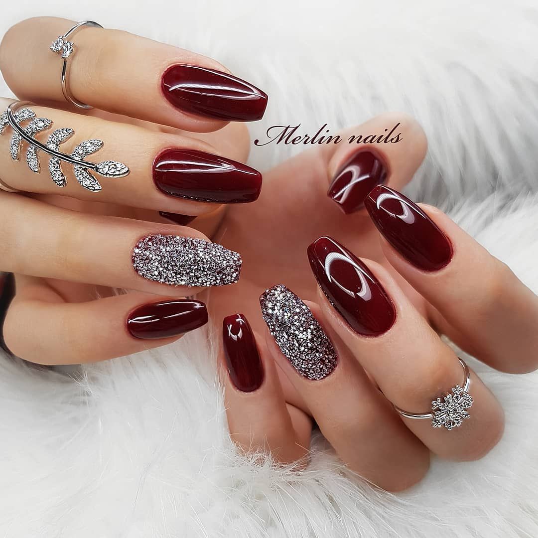 Maroon And Glitter Nails -   22 hippie style nails
 ideas