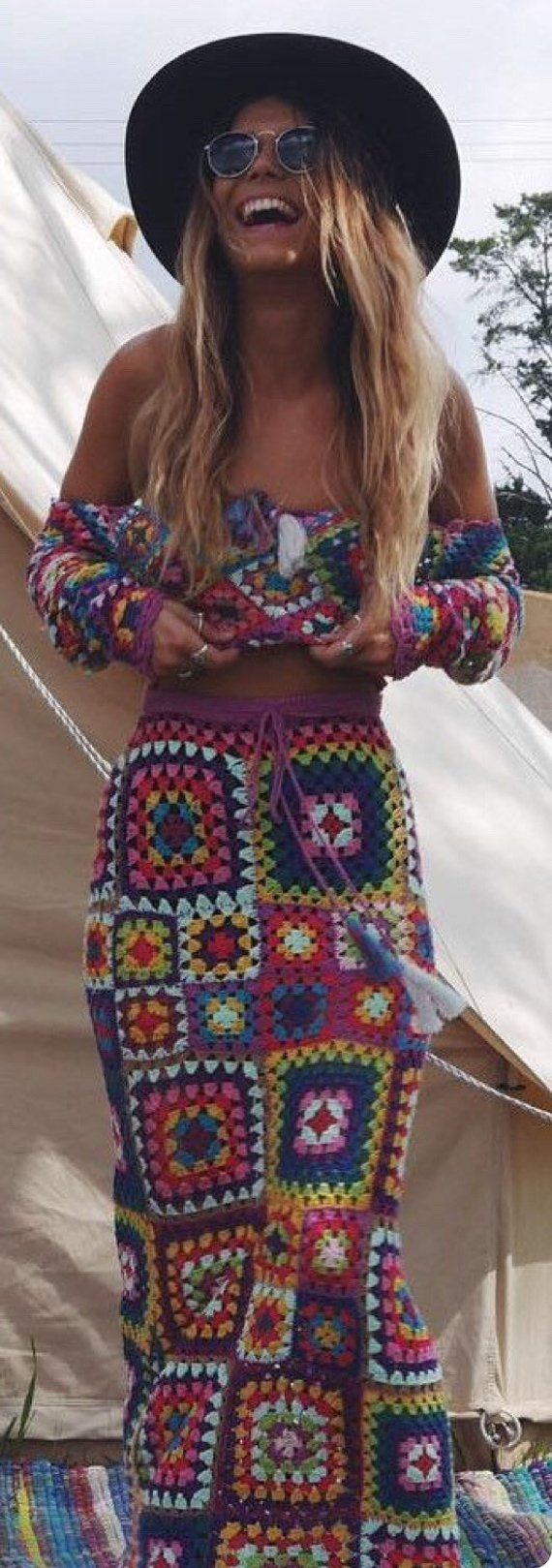 Crochet Grandy Square Motif Top and Skirt ,Boho Hippie Gypsy ,Festival Clothing. -   22 hippie style nails
 ideas