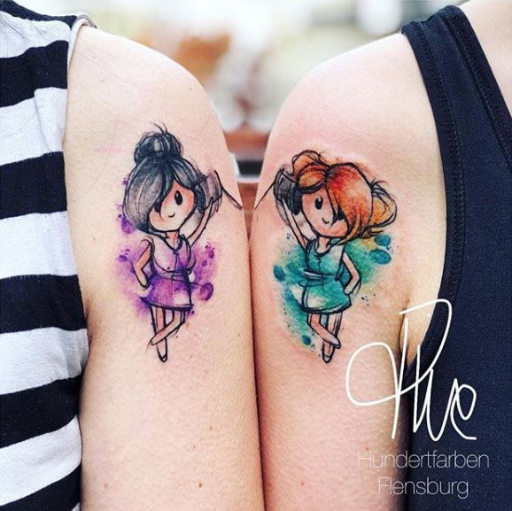 Matching watercolor sister tattoos by Tina Hundertfarben #beautifultattoos -   24 best friend sister tattoo
 ideas