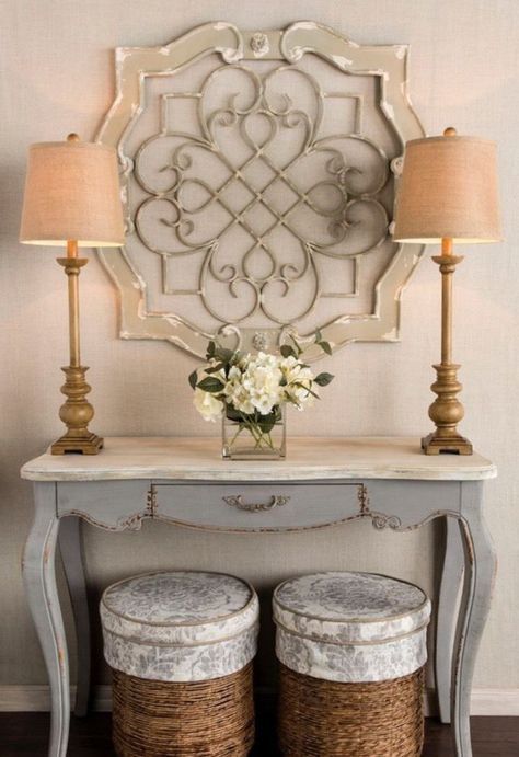 Details about Antique Cream Wood & Metal Wall Decor ELEGANT White Metal Medallion-Like HUGE -   24 entryway table decor
 ideas