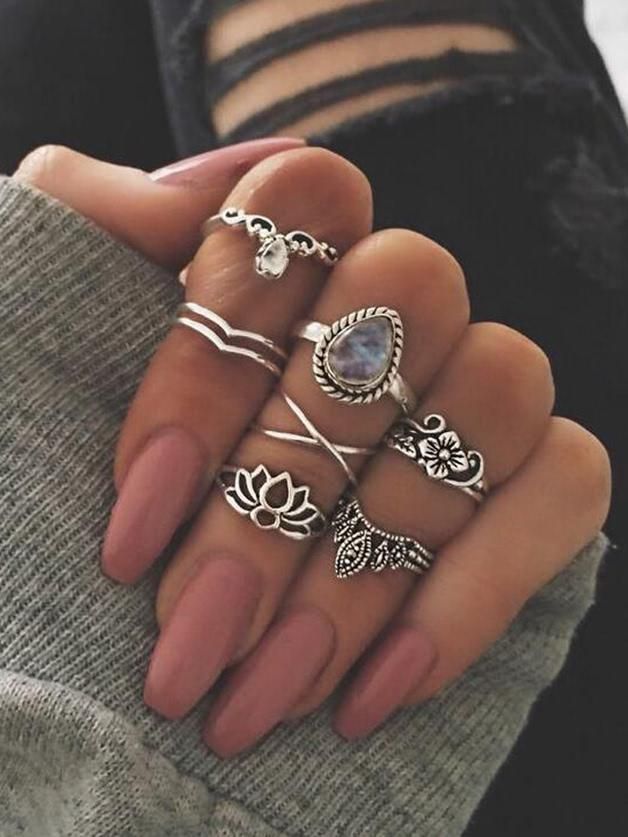 At-Silver 7Pcs/Set Flower White Opal Rings -   24 gypsy style rings
 ideas