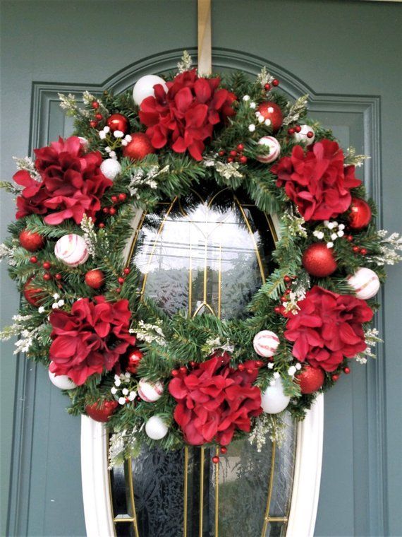 Christmas Wreath / Red Hydrangea Wreath / Front door Wreath / Christmas Wreath for Front Door / Over Mantle Decor / Winter Wreath -   24 mantle decor wreath
 ideas