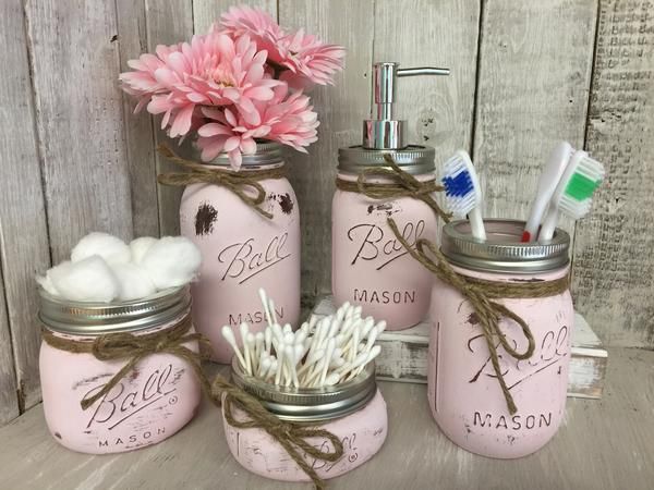 Mason Jar Bathroom Vanity Set / Set of 5 Jars / Powder Pink Painted Mason Jars -   24 mason jar burlap
 ideas