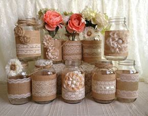 10x rustic burlap and lace covered mason jar vases wedding decoration, bridal shower, engagement, anniversary party decor -   24 mason jar burlap
 ideas