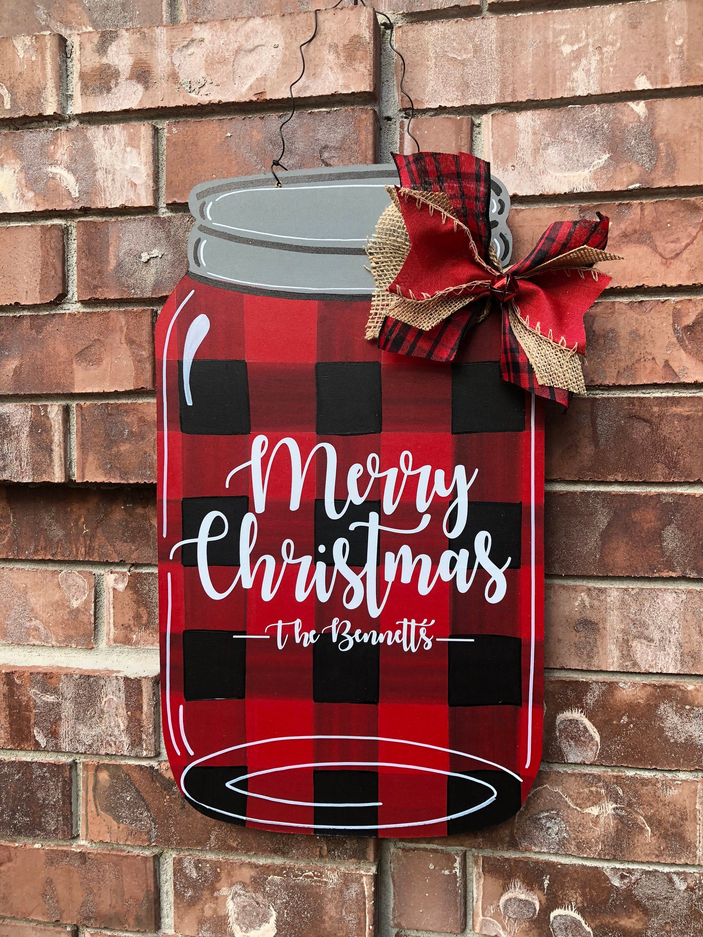 Christmas Door Hanger, Buffalo Plaid Door Hanger, Christmas Mason Jar, Christmas Plaid Door Hanger, Christmas Wreath, Rustic Christmas -   24 mason jar burlap
 ideas