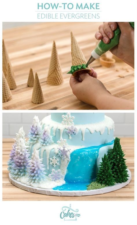 Make edible trees with icing for a winter or Frozen cake. -   13 cake decor frozen
 ideas