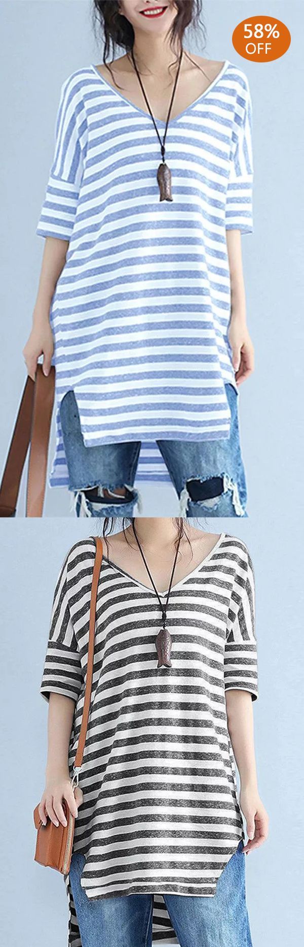 Casual Stripe Low Hem Short Sleeve T-Shirts -   16 lunch recipes noodles
 ideas