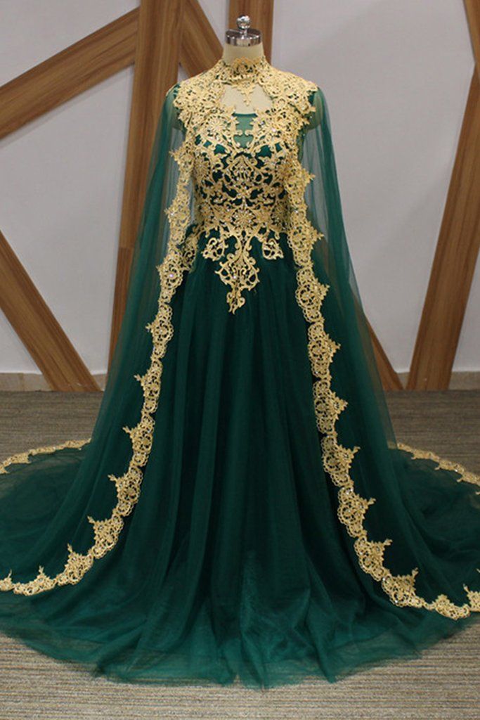 Dark Green Tulle Gold Lace Applique Long Arabic Formal Prom Dress, Evening Dress -   16 dress Room plan
 ideas
