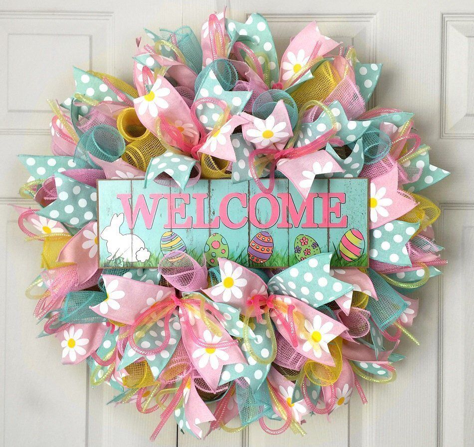 Easter welcome wreath, spring deco mesh wreath -   20 fabric crafts Easter front doors
 ideas