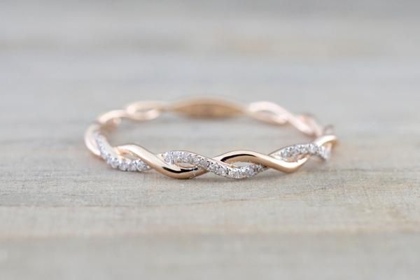 14k Rose Gold Diamond Rope Twined Vine Micro Pave Stackable Ring RR010009 -   14 dainty wedding Bands
 ideas