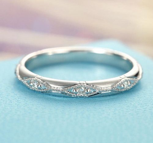 Diamond Wedding Band Women white gold Vintage Art Deco Eternity Milgrain Bridal Set Dainty Stacking Antique Alternative Stackable Promise -   14 dainty wedding Bands
 ideas