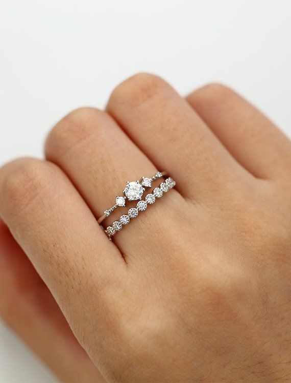 Moissanite engagement ring white gold Vintage Diamond wedding ring set Dainty antique Bridal Half eternity Promise Anniversary gift for her -   14 dainty wedding Bands
 ideas