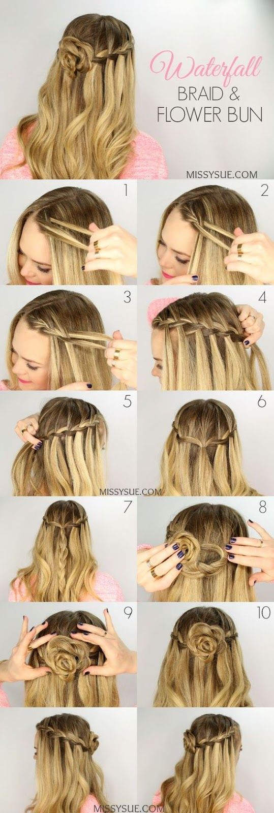 Waterfall Braid and Flower Bun -   15 hairstyles Step By Step shoulder length
 ideas