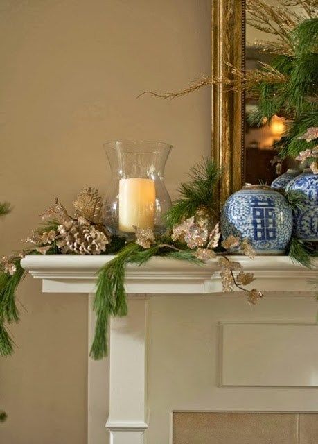 Holiday Decorating With Blue and White–Mantels and Table Settings -   15 holiday Decorations mantel
 ideas