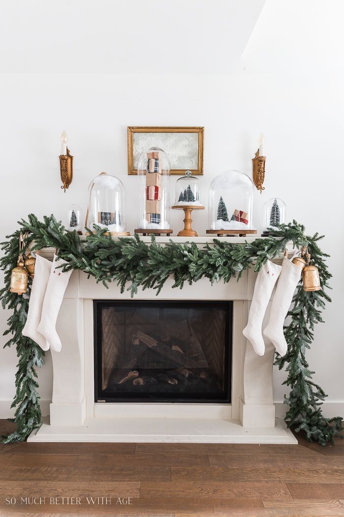 Christmas Mantel Decor with Snow Globe Cloches -   15 holiday Decorations mantel
 ideas