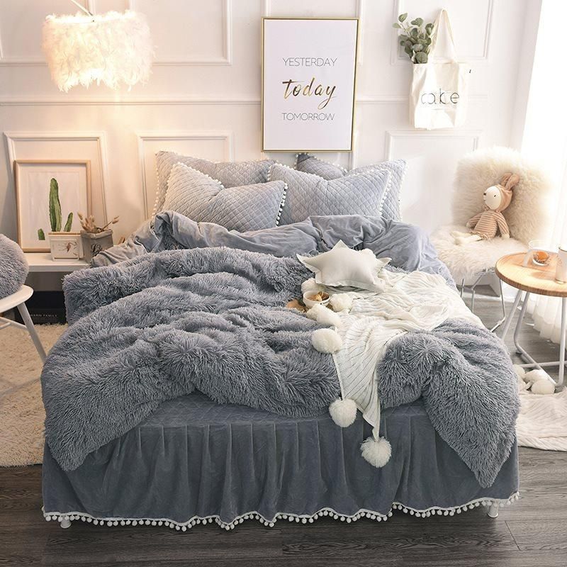 Fluffy Solid Gray Quilting Bed Skirt 4-Piece Bedding Sets/Duvet Cover -   15 room decor Purple bedding sets
 ideas