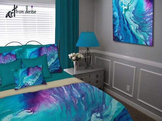 Abstract teal blue and purple duvet cover, Twin XL, king or queen bedding set for plum aqua & turquoise dorm room or girls bedroom decor -   15 room decor Purple bedding sets
 ideas