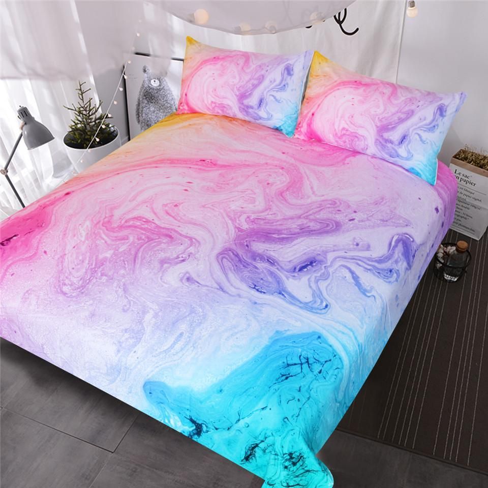 Colorful Marble Bedding Set Pastel Pink Blue Purple Quicksand Duvet Cover Abstract Art Bed Set Bright Girl Bedspread -   15 room decor Purple bedding sets
 ideas
