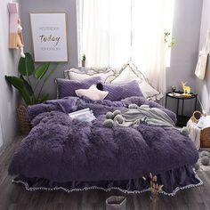 Solid Purple Princess Style 4-Piece Fluffy Bed Skirts Duvet Cover -   15 room decor Purple bedding sets
 ideas