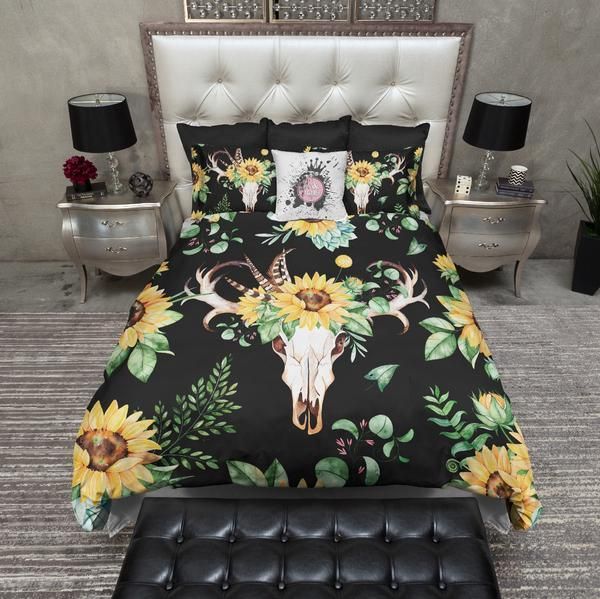 Sunflower and Deer Skull on Black Bedding -   15 room decor Purple bedding sets
 ideas
