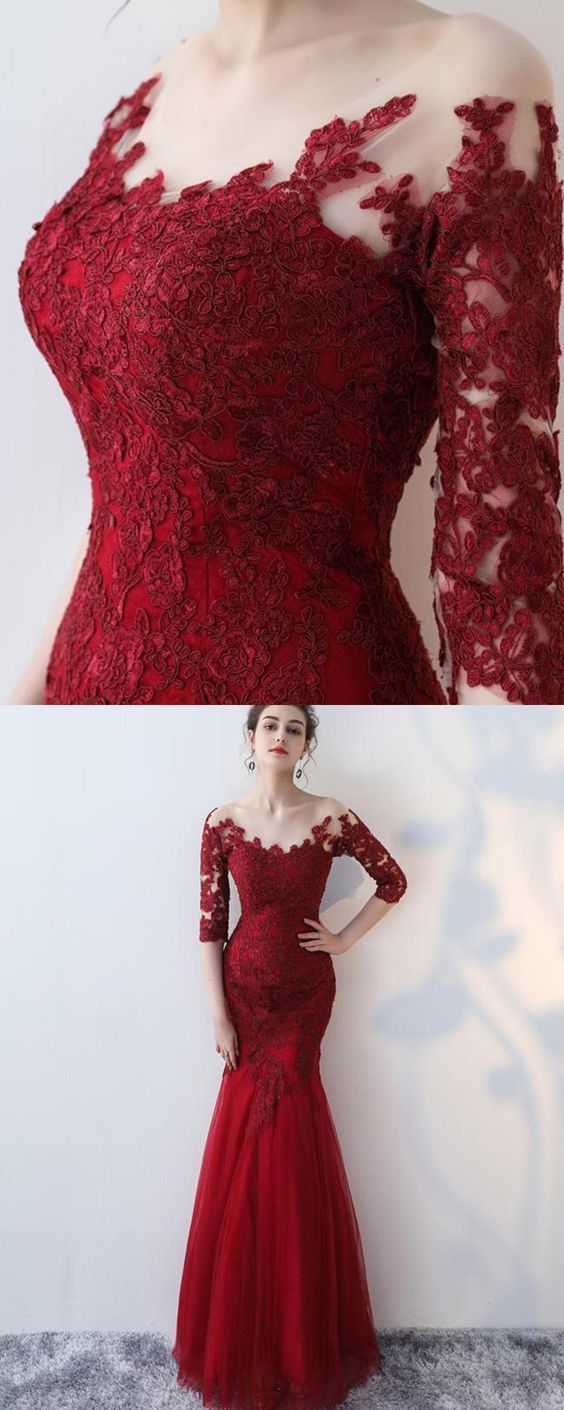 Scoop lace appliqued red prom dress with long sleeves, mermaid long formal dress with sleeves -   16 dress Formal dreams ideas