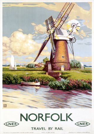 Norfolk, Windmill. LNER Vintage Travel Poster by 