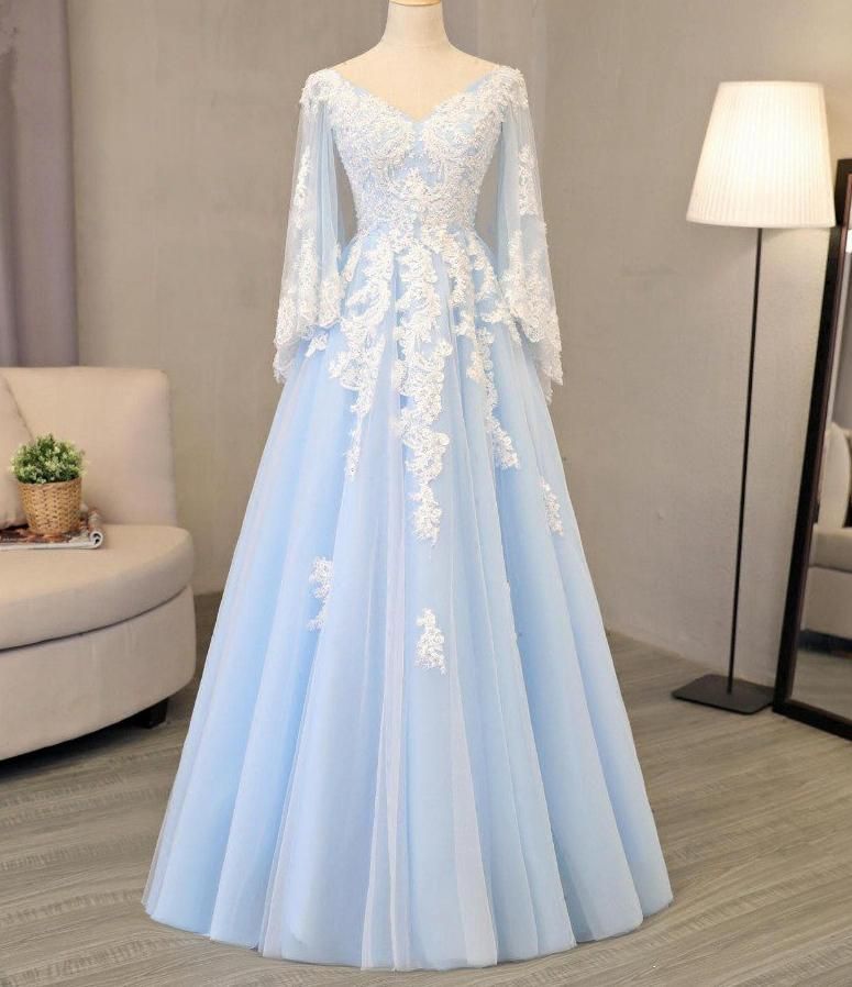 V Neck Long Sleeves Prom Dresses,Lace Appliques Graduation Dresses -   17 dress Lace a line
 ideas