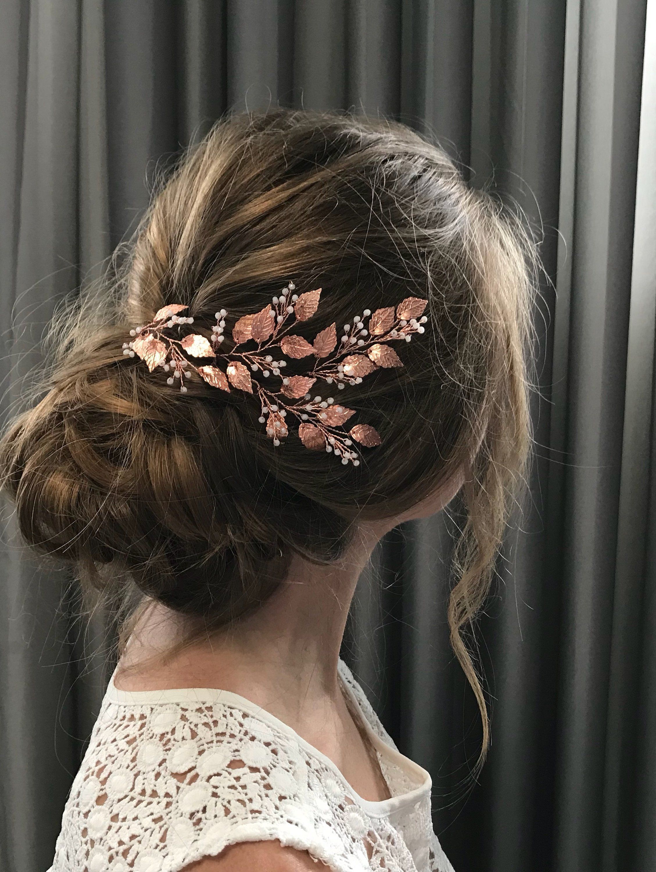 Bridal headpiece Rose gold leaves hair pins Wedding hair piece Bridal hairpiece Babys breath hair piece Gypsophila hair pins Crystal pin -   17 hair Rose Gold bridal jewelry
 ideas