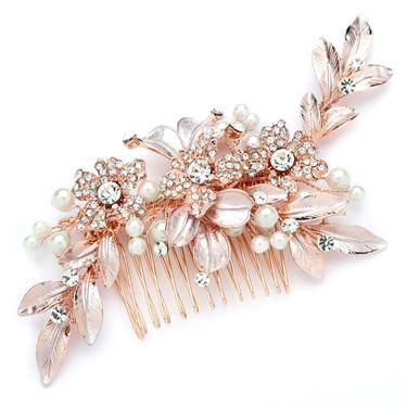 Designer Bridal Hair Comb with Hand Painted Rose Gold Leaves and Pave Crystals -   17 hair Rose Gold bridal jewelry
 ideas