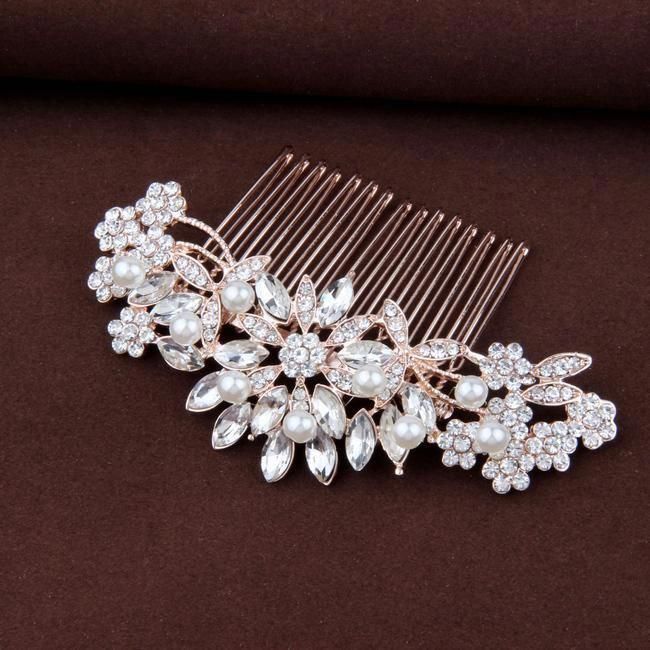 Pearl & Crystal Rose Gold Bridal Hair Piece Wedding Hairstyle - 