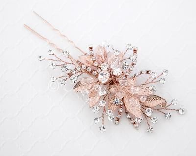 Bridal Hair Pin of Crystals and Leaves -   17 hair Rose Gold bridal jewelry
 ideas