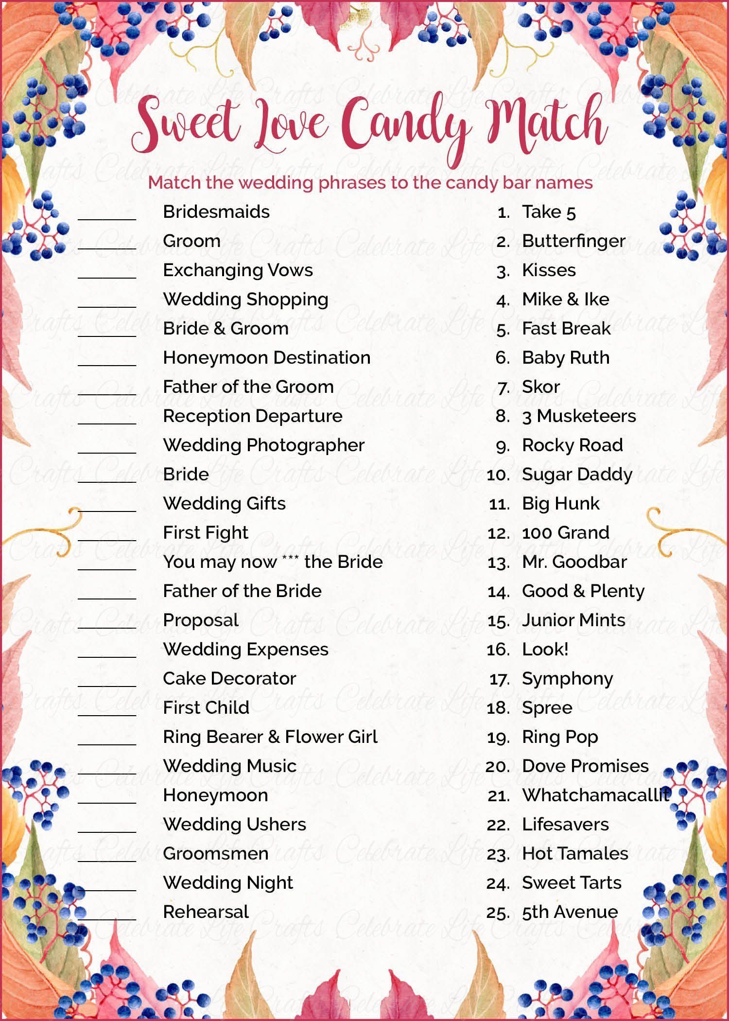 Sweet Love Candy Match Bridal Shower Game - PRINTABLE DOWNLOAD - Falling in Love Wedding Shower Game - BR1006 -   17 wedding Budget 7000
 ideas