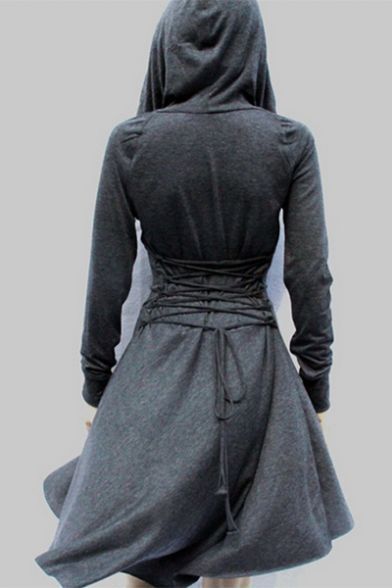 New Stylish Solid Tie Back Long Sleeve Dip Hem Hooded Dress -   18 day dress Winter ideas