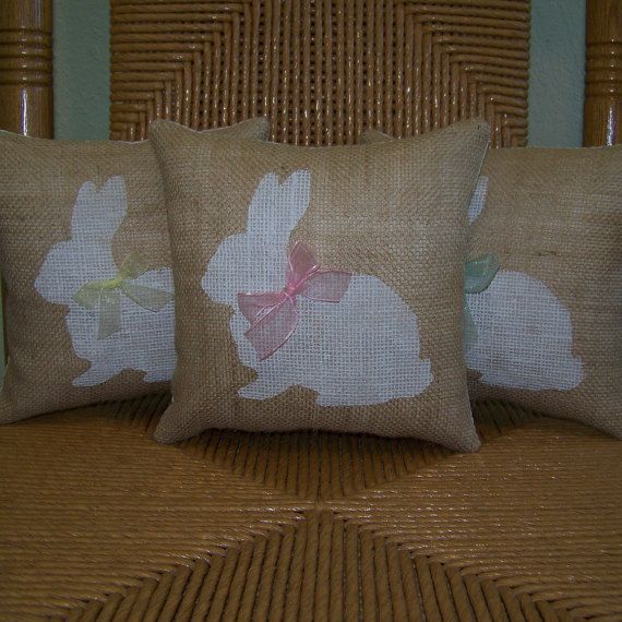 Bunny pillow, Easter pillow, Spring pillow, burlap pillow, stenciled pillow, Easter decor, Nursery pillow -   18 fabric crafts Pillows fun
 ideas