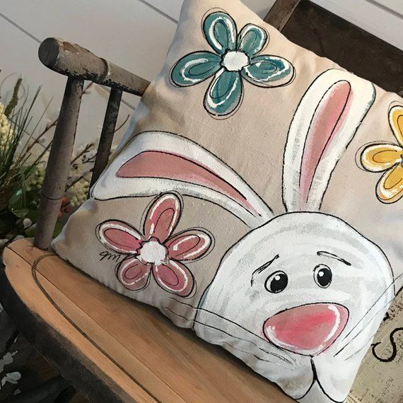 Bunny Pillow, Hand-painted, Sipping Ice Tea, Easter Pillows, Pastel Accent Pillows, Spring Decor, Housewares, Pillow Cover, No. BU010 -   18 fabric crafts Pillows fun
 ideas