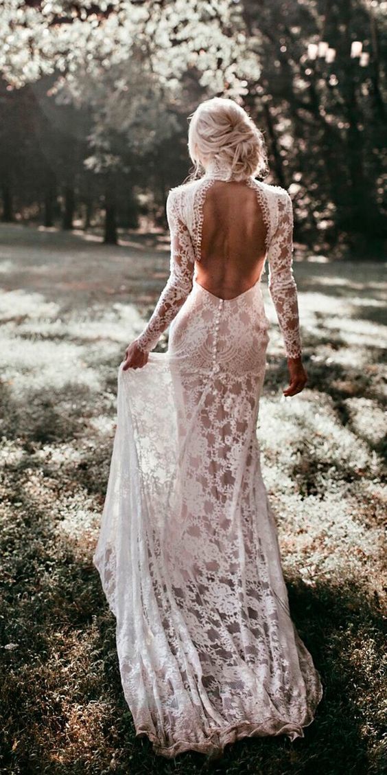 Backless wedding dress mermaid open backs lace button wedding dresses with long sleeves -   19 wedding Dresses hippie
 ideas