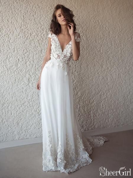 Ivory Cap Sleeve See Through Boho Wedding Dresses Beach Bridal Dress AWD1415 -   19 wedding Dresses hippie
 ideas
