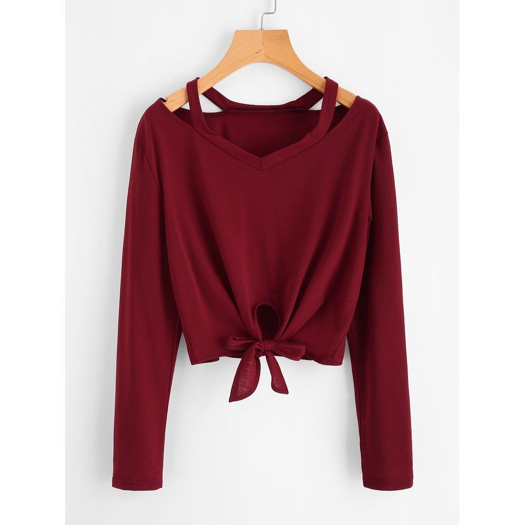 Cut Out Neck Knot Front Tee Burgundy -   11 DIY Clothes For Men website ideas