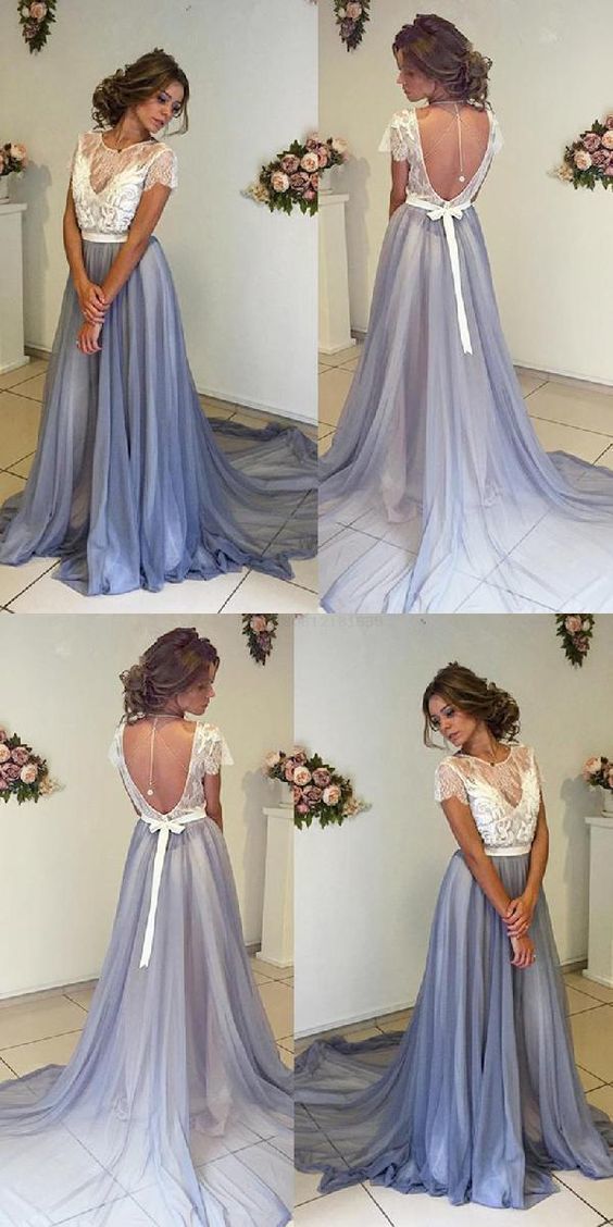 A-line Prom Dress,Chiffon Prom Dress With Lace,Short Sleeves Backless Evening Dresses -   14 dress Prom ugly ideas