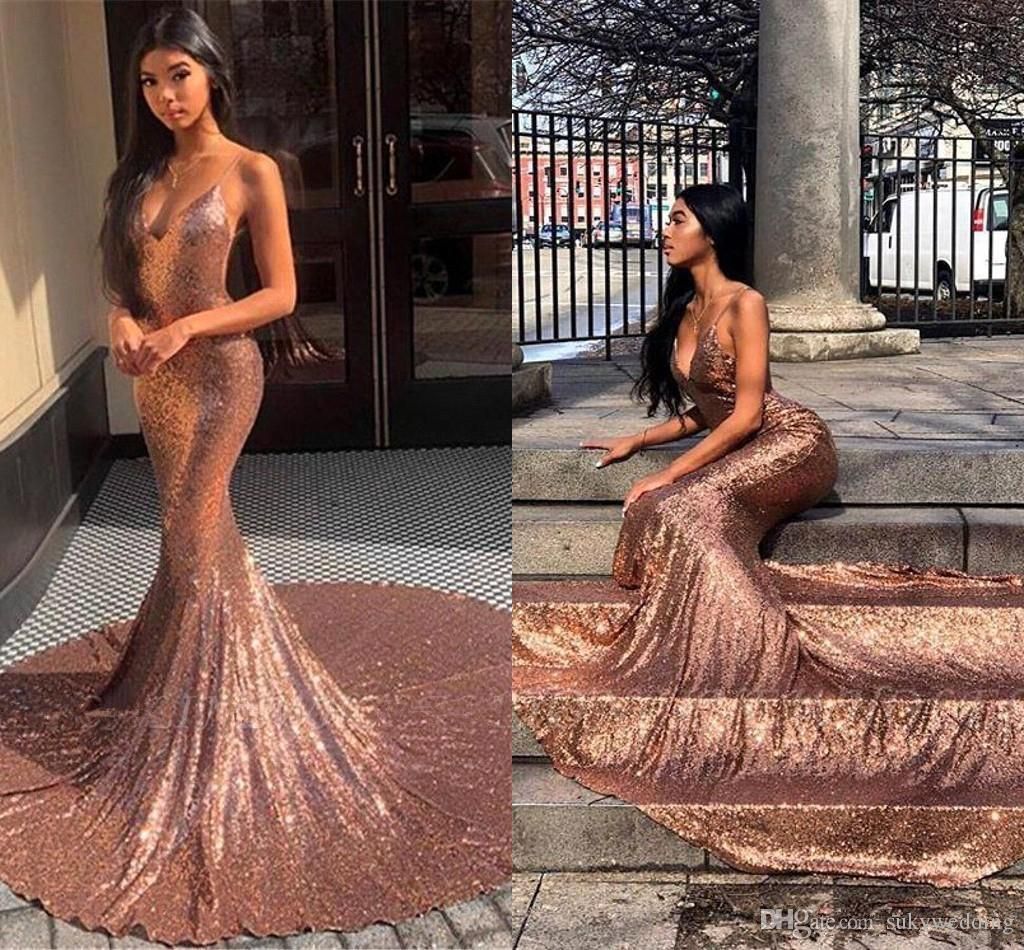 Rose Gold Sequins Mermaid Prom Dresses Black Girls Sexy Backless Pageant Gowns 2019 Spaghetti Strap African Party Long Prom Gowns Vestidos -   14 dress Prom ugly ideas