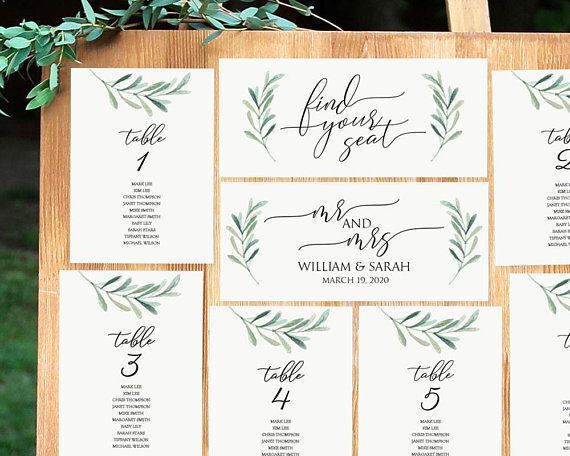 Greenery Seating Chart - Printable Seating Cards - 5x7 Table Card template- Green Olive Leaf - Wedding Table assignment PDF Download-#GD3832 -   14 wedding Table assignments ideas