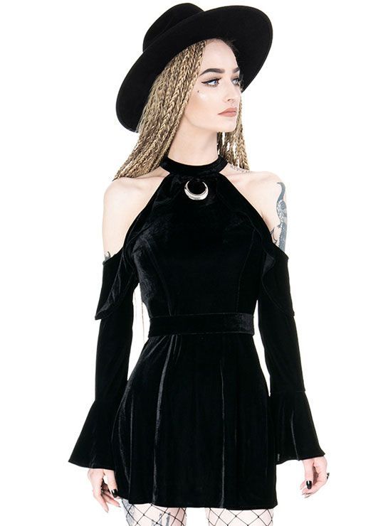 Tiberio Dark Side Crescent Moon Black Velvet Cold Shoulder Nu Goth Dress -   15 dress Black gothic ideas